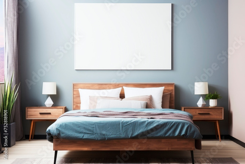 Minimalist bedroom with a blue wall, white and turquoise bedding, and modern furniture. White mocke up frame for design