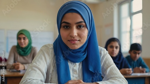 Muslim student woman wearing blue hijab sitting behind the desk in the classroom