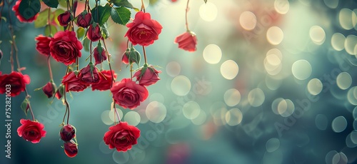 Dangling wicker red roses on a bokeh background. Nature and flower concept. Macro shot for wallpaper, poster, banner, card with copy space