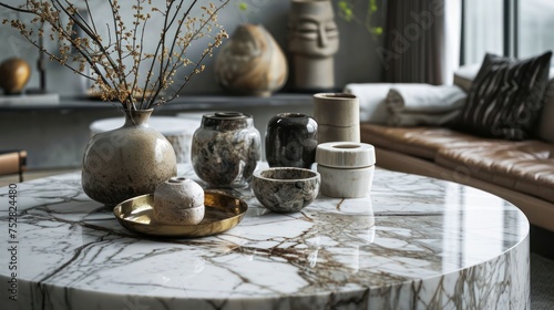 the sophistication of a marble-topped coffee table, featuring subtle veining and complemented by a curated display of decorative objects