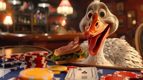 Create a whimsical scene of a goofy goose munching on a sandwich surrounded by poker chips