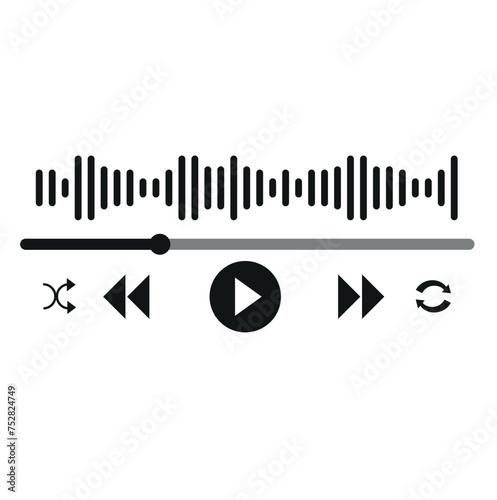 Music or video play bar icon. Audio player for songs or podcast playlist. Play or pause button. Dark theme. Vector illustration