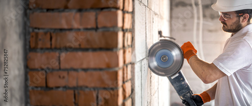 Builder works with a angle grinder to cut bricks and build interior walls.