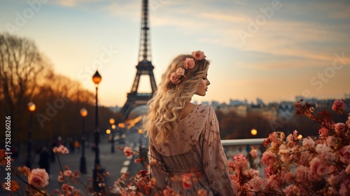 Beautiful young woman with flowers in her hair looking at the Eiffel tower. Travelling Concept with Copy Space.