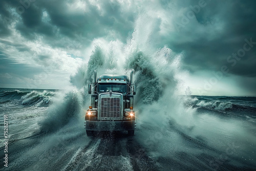 truck appears to be riding a monstrous wave, symbolizing strength and heroic conquer of obstacles