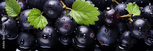 Fresh wet black currant berries background, backdrop, banner, texture. black currant berries closeup shot with water drops