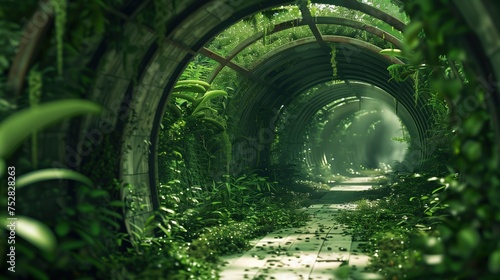 Overgrown Greenhouse Tunnel in Mystic Forest, Lush foliage a mysterious abandoned greenhouse tunnel, hinting at nature's reclaiming power.