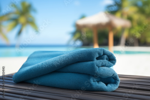 drap de plage, serviette bleue sur une plage de sable dans un lieu paradisiaque vu de manière flouté en arrière-plan. Vacances à la mer, exotisme, réservation, agence de voyage, départ, congé.
