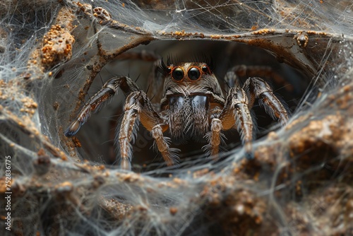 For naming this image, we could describe it as A close-up of a brown and black hairy spider with many eyes, perched on a delicate web, embodying the essence of both fear and fascination in nature