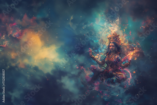 déesse hindoue Maa Saraswati, ou Sarasvati, déesse de la connaissance, de la musique, de l'eau qui coule, de l'abondance, de la richesse et de l'art, de la parole, de la sagesse et de l'apprentissage.