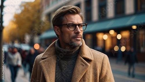 Stylish adult caucasian male model wearing fashion glasses and brown coat walking on city