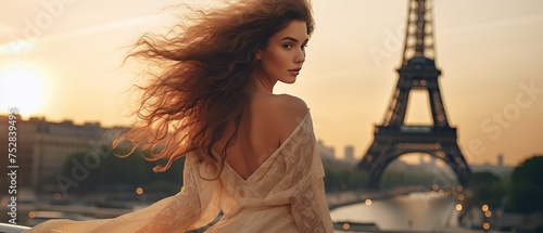 Back view of young elegant woman looking at Eiffel Tower. Tourism. Travelling Concept with Copy Space. 