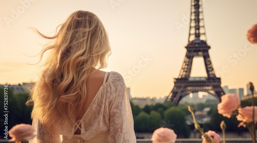 Blonde girl with long hair on the background of the Eiffel tower. Travelling Concept with Copy Space.