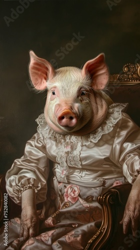 Pig in a shirt with lace trim in a Victorian mansion a portrait blending history with modern luxury
