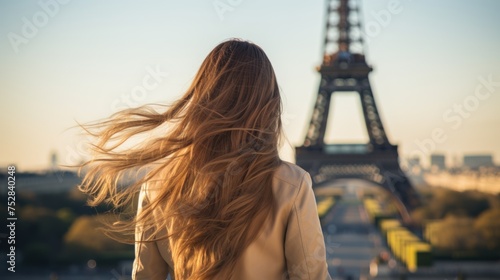 Beautiful young woman with flying hair near the Eiffel tower. Travelling Concept with Copy Space.