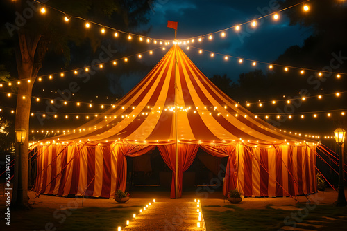 Stripes tent of circus evening with garland lights for show and childish entertainment. Circus canopy performance