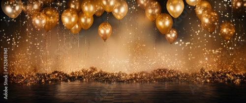 Golden balloons floating in the air with a black background. Generative AI.