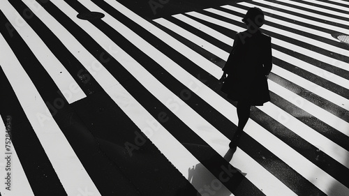 a woman on foot to work while crossing a zebra crossing in high angle, elegant fashion details