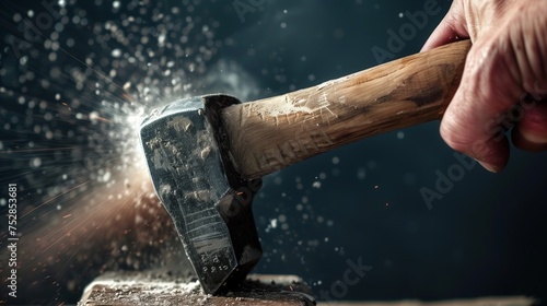 Hand with a hammer at one end tries to hit a nail, showcasing motion blur and an extreme low angle.