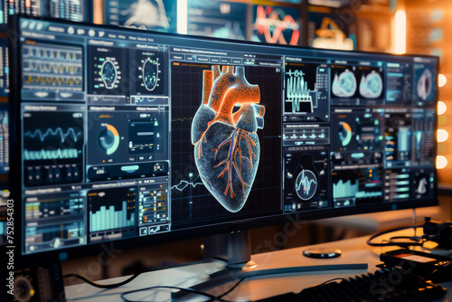 Futuristic medical technology display showing a 3D heart model with health monitoring graphs and data.