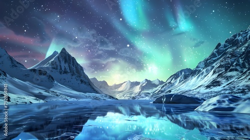Aurora borealis over the snowy mountains, coast of the lake and reflection in water. Northern lights above snow covered rocks. Winter landscape with polar lights, fjord. Starry sky with bright aurora