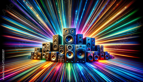 Audio speakers unleashing a vibrant colorful laser light burst, capturing the essence of high-energy sound