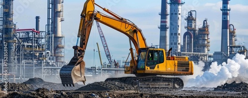 Heavy machinery in action at a construction site near a manufacturing plant illustrating the power of industrial development and urban expansion