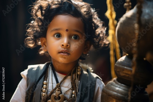 A young Vaishya child, dressed in traditional attire and perhaps holding symbolic items representing business or trade, reflecti