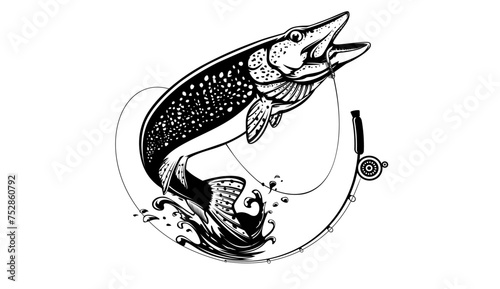 Pike fish fishing emblem. Isolated detailed pike vector logo. Handdrawn fishing theme.
