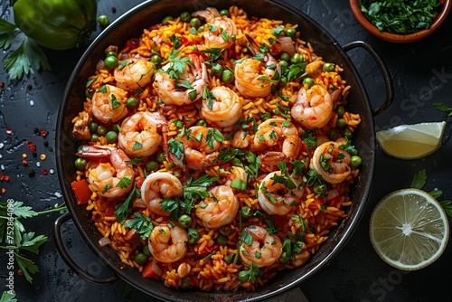 Luxurious Spanish paella filled with seafood delicacies served on a wooden table.