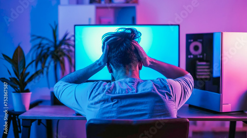homme de dos qui se tire les cheveux devant un écran d'ordinateur à cause d'un problème informatique