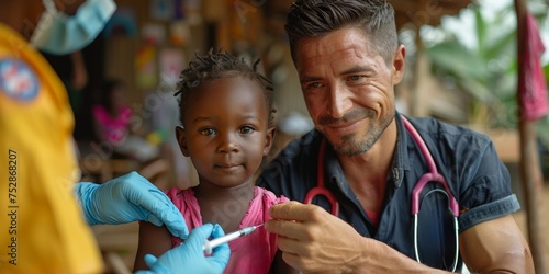 A group of African children in a village, participating in a healthcare and vaccination program.