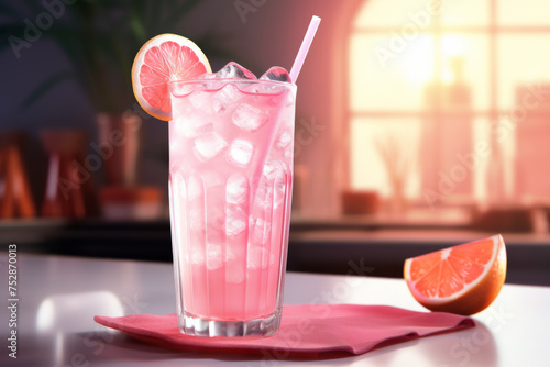 A cold glass of pink lemonade with ice, garnished with a slice of grapefruit on a sunny background.