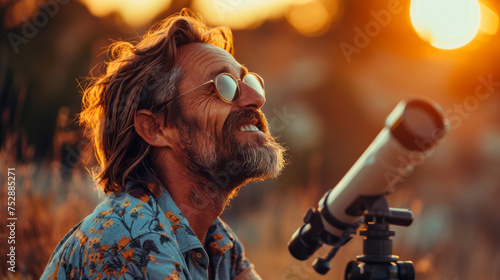 Smiling man with a telescope and eclipse viewing glasses