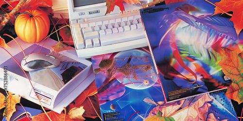 90s science study book vibes, Old Computer. Nostalgia. Collage. flash backs , frutiger aero, utterly nostalgic Y2K