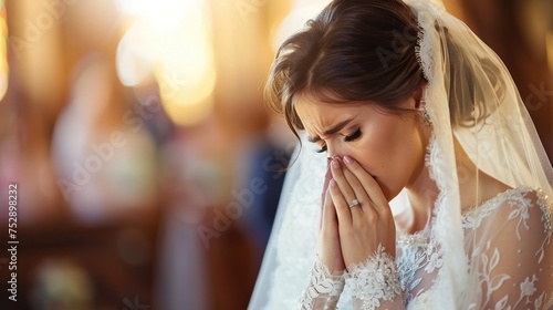 A bride overwhelmed with emotion, her hands covering her face, within a softly lit church, embodying a classic bridal style and the heartfelt sentiment of a wedding day