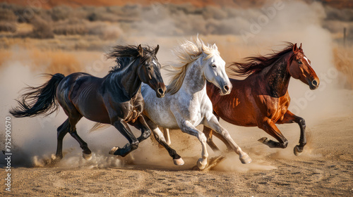 Horses running wildly in desert dust