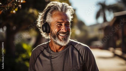 Smiling handsome mature caucasian runner jogger listening to the music in headphones, training outdoors in stadium. Workout for slimming.
