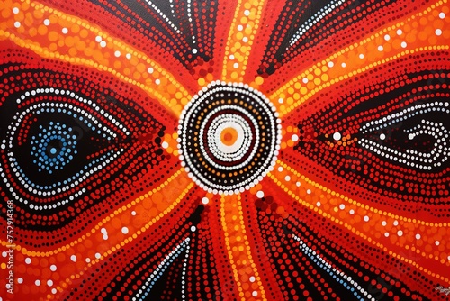 An intricate Aboriginal dot painting depicting Dreamtime stories with vivid colors and patterns.