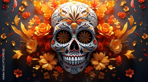 Mexican Day of the Dead El Dia de Muertos Skull with flowers and leaves Mexican autumn holiday Fiesta Mystic horror concept Generative AI 