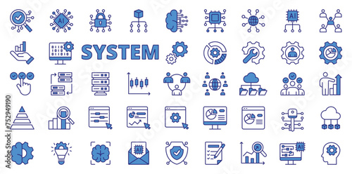 System business icons in line design, blue. System, business, process, management, strategy, efficiency, technology isolated on white background vector. System business editable stroke icons.