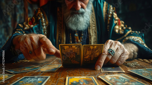 Foretelling the future using tarot cards, conducted by a seasoned and wise elderly individual