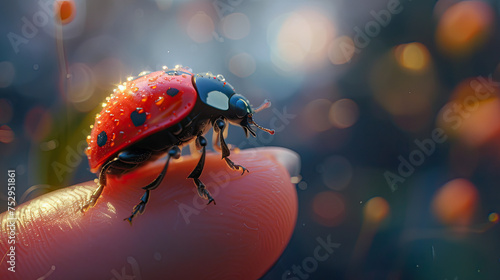 Ladybug perched on a finger depicting connection with nature and small creatures, suitable for environmental, wildlife, and naturethemed designs.