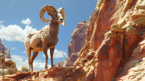 A majestic desert bighorn sheep standing proudly on a cliff against a desert backdrop.