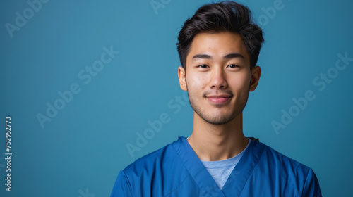 Portrait of a confident young man with a slight smile wearing a blue shirt against a solid blue background. His hair is neatly styled, and he exhibits a look of friendliness and approachability.