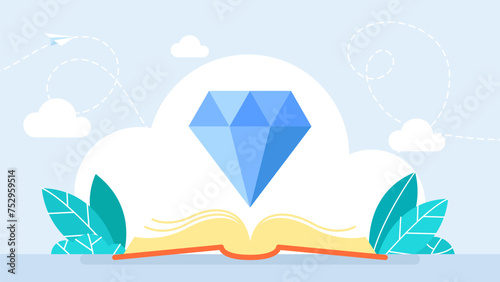 Finding valuable diamond inside book. Concept of learning, reading, skill, development. Self-discovery, finding yourself searching for self value, success dream, meaning of life. Vector illustration