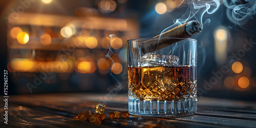 Whiskey in glass and cigar on wooden table,Elegant Whiskey and Cigar Composition,Luxury Whiskey and Cigar Scene