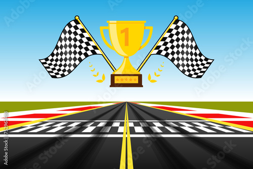 Racing track with Start or Finish line trophy cup race track road winner illustration vector