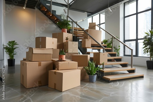 A collection of neatly stacked cardboard boxes in a spacious office, indicating a corporate move