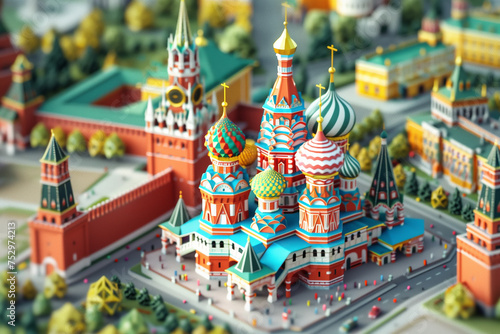 3D isometric diorama model of the Kremlin and Red Square in Moscow, Russia, showcasing its iconic cathedrals, fortress walls
